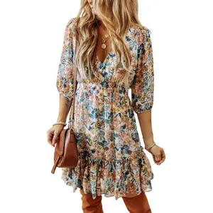 Asvivid Women's Floral 3/4 Sleeve V Neck High Waist Shirred Boho Ruffled Dress Summer Flower Womenswear Chic Spring Fall Outfits