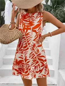 Women's Summer Tropical Plant Print Backless Tie Front Sleeveless Straight Dress, Holiday Style Beach Vacation