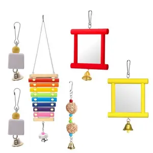 6 pcs Chicken Mirror Chicken Toys Bell Wooden Pecking Toy Hen Xylophone Toy Parrot Grinding Stone, Sepak Takraw Toy, Dangling Bird Toy