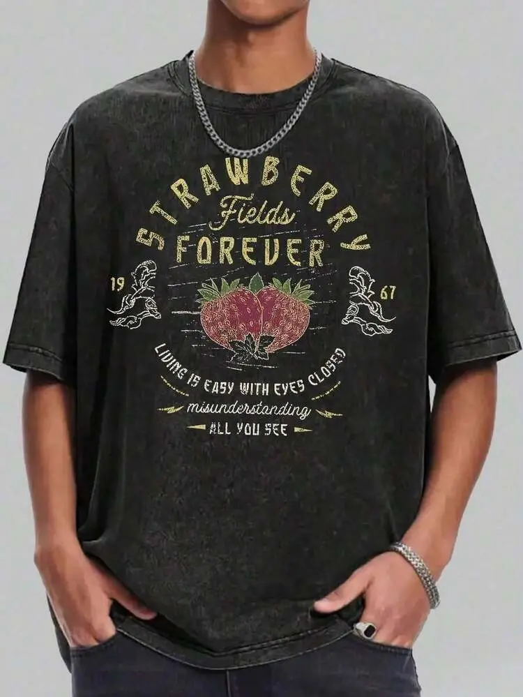 Summer TopsVintage Oversized T-Shirt Brown Strawberry Fields Forever Graphic Tee For Casual WearLoose And Comfortablesummer Clothes Tops For Women