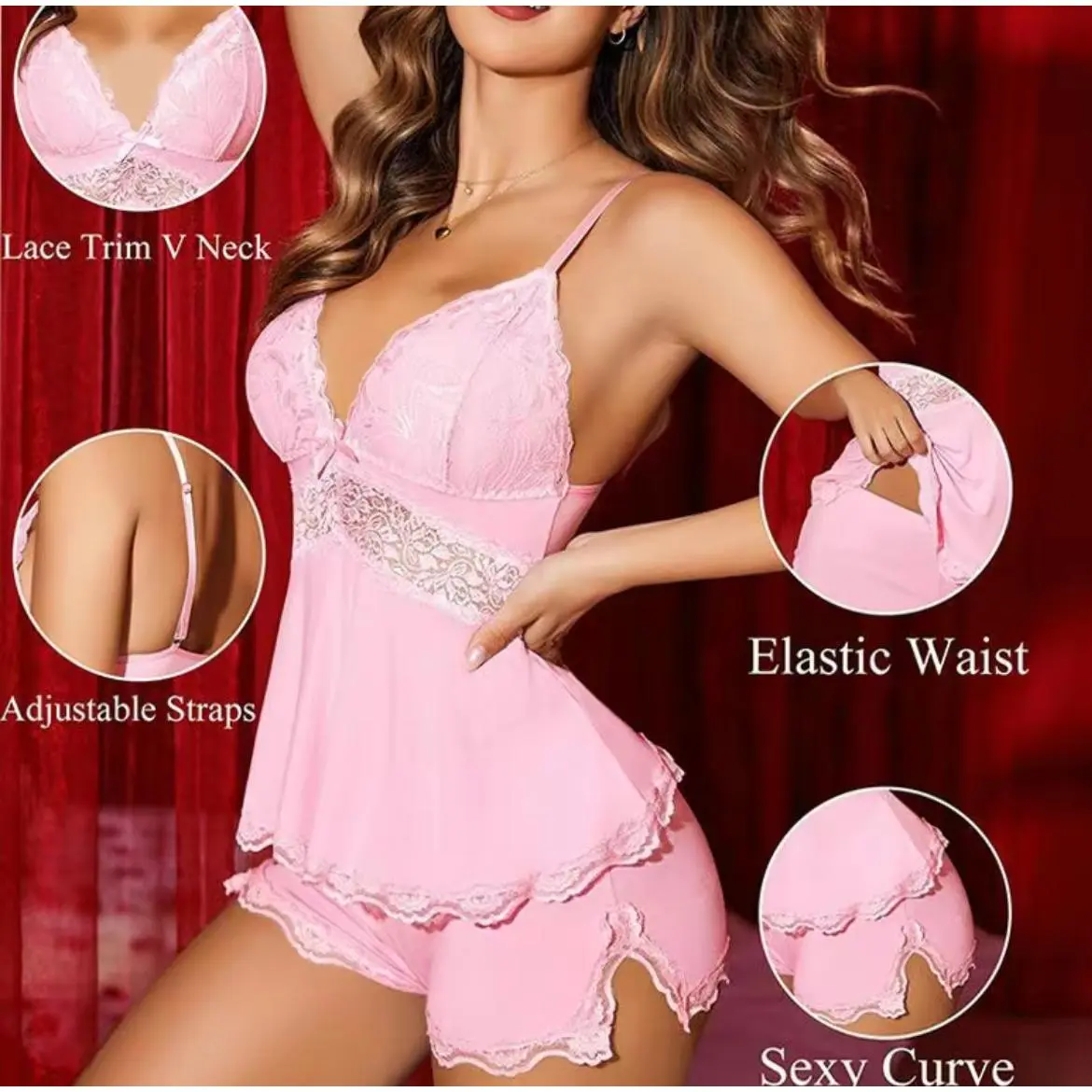 Pajamas Red Lace Set Women Sleepwear Top Suits With Shorts Underwear Home Clothes Soft Sleeveless Nightwear