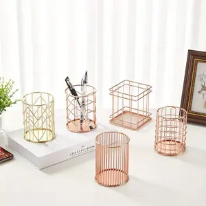 Cosmetics Storage Makeup Brush Holder Rose Gold Wrought Iron Round Eyeliner Lipstick Brushes Pen Pot Organizer Basket Box Beauty Supplies Organizer