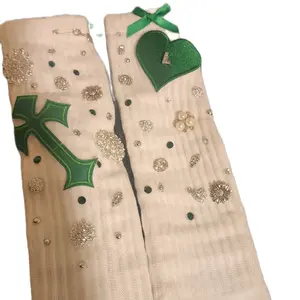 Junk Socks - Beige with Green Heart and Cross Decorations - Product Description Not Provided