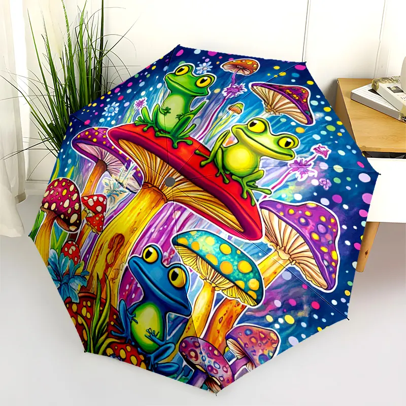 1 PC Automatic Folding Umbrella - Frogs on Mushrooms Fantasy Art Pattern, Portable & Foldable Design with 8 Ribs, Merry Christmas Pattern,Casual Outdoor Accessory Halloween and Christmas Birthday Gifts. E0072