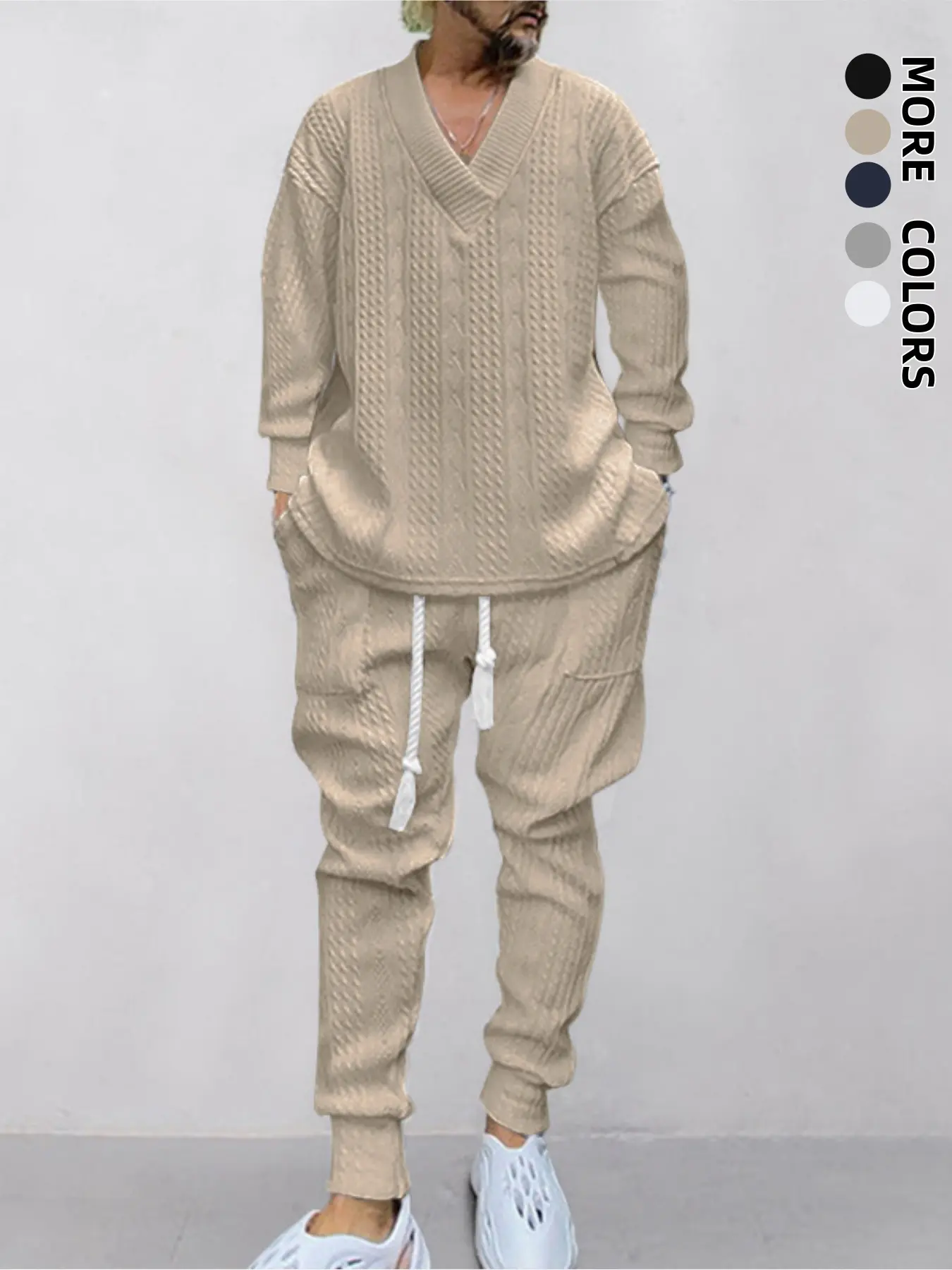Men's autumn and winter two-piece knitted sportswear set - V-neck long-sleeved sweater with drawstring tapered trousers, casual and warm home wear, available in multiple colors, suitable for men's daily wear.