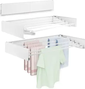 Wall Mounted Carbon Steel Foldable Retractable Laundry Clothes Drying Rack, Space Saving Adjustable Towel Holder for Bathroom Laundry Small Spaces, White 31.5"