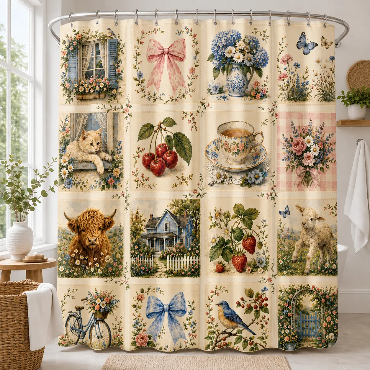 Vintage Patchwork Multicolor Pretty Shower Curtain - Floral Quilt Collage with Wildflowers, Bows, Blue Home, Highland Cow, Lamb, Waterproof French Country Farmhouse Decor for Apartment/Cottage Bathrooms, Cottagecore Fans, Customizable, 12 Hooks Included