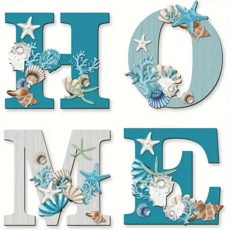 Summer Blue Home Marine Life Starfish Shells Wooden Wall Art Print Paintings, Decorative Artwork, 1 Set Wall Decor, Modern Home Decor, Decoration Items, Decoration Pendant for Living Room Home Festival Party, Poster