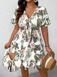Plus Size Women's Tropical Floral Dress, Casual V Neck Front Tie, Pleated Short Sleeves & Hem, Summer Boho Long Dress, Womenswear