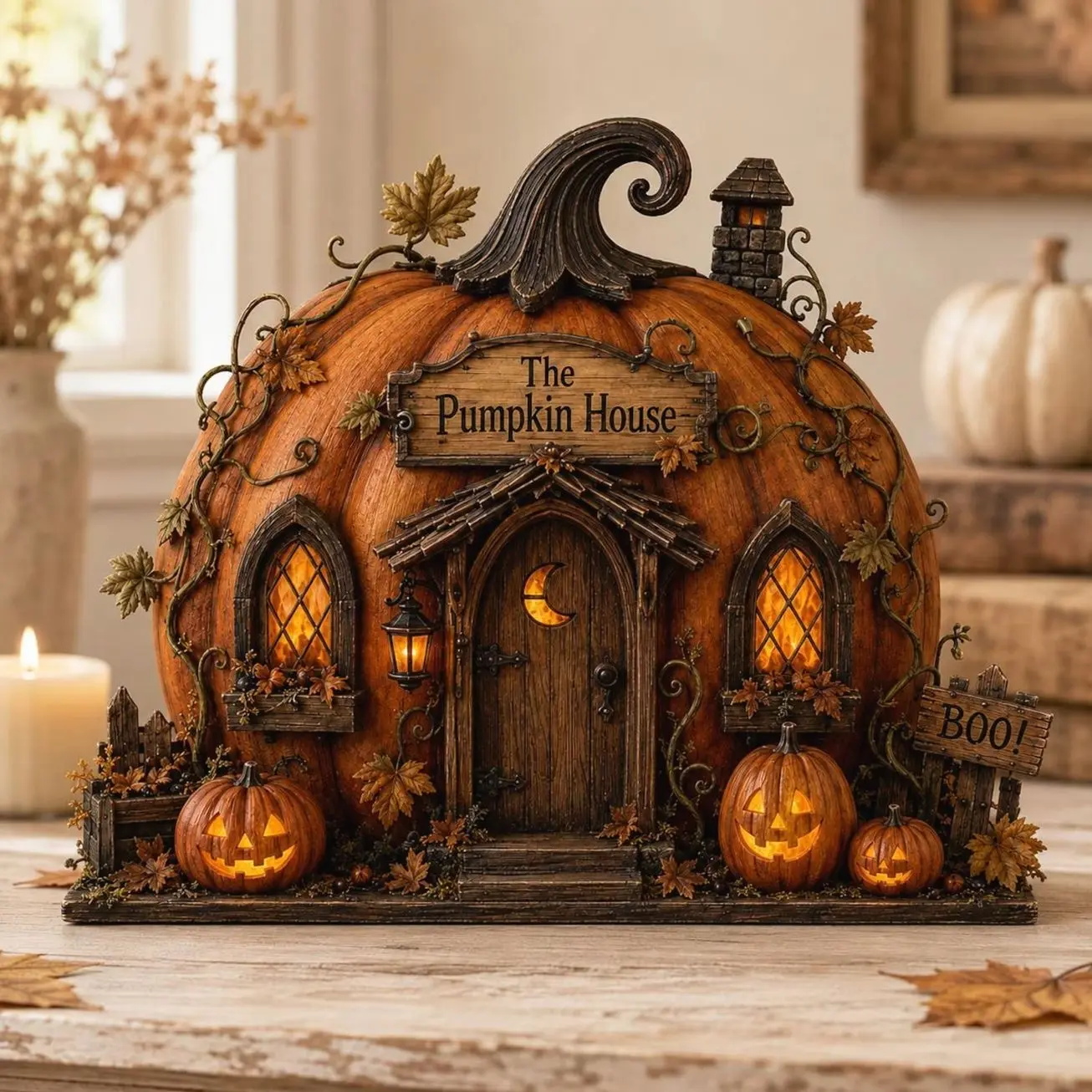 Pumpkin House Wooden Block, Layered Halloween Mantel and Shelf Decor