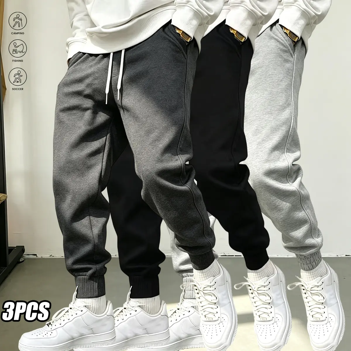 Men's 3-Pack Solid Color Slim-Fit Lightweight Polyester Joggers with Drawstring Waist for Casual Streetwear & Running, Athletic Pants, Clothes