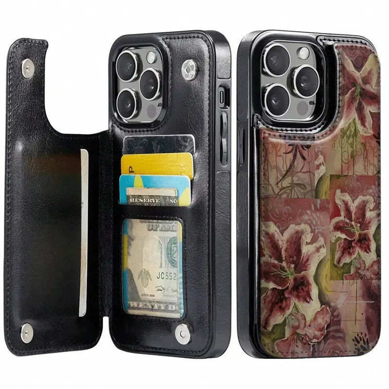 Lily Patchwork Wallet Phone Case With Card Slots, Trendy Fashion Protective Cover Compatible with iPhone 12,13,14,15,16,17 Series, Samsung Galaxy S22,S23,S24,S25.