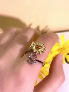 Meraki Sunflower Rotating Ring with 26 English Letters for Adults Adjustable Index Finger Jewelry Everyday Accessory