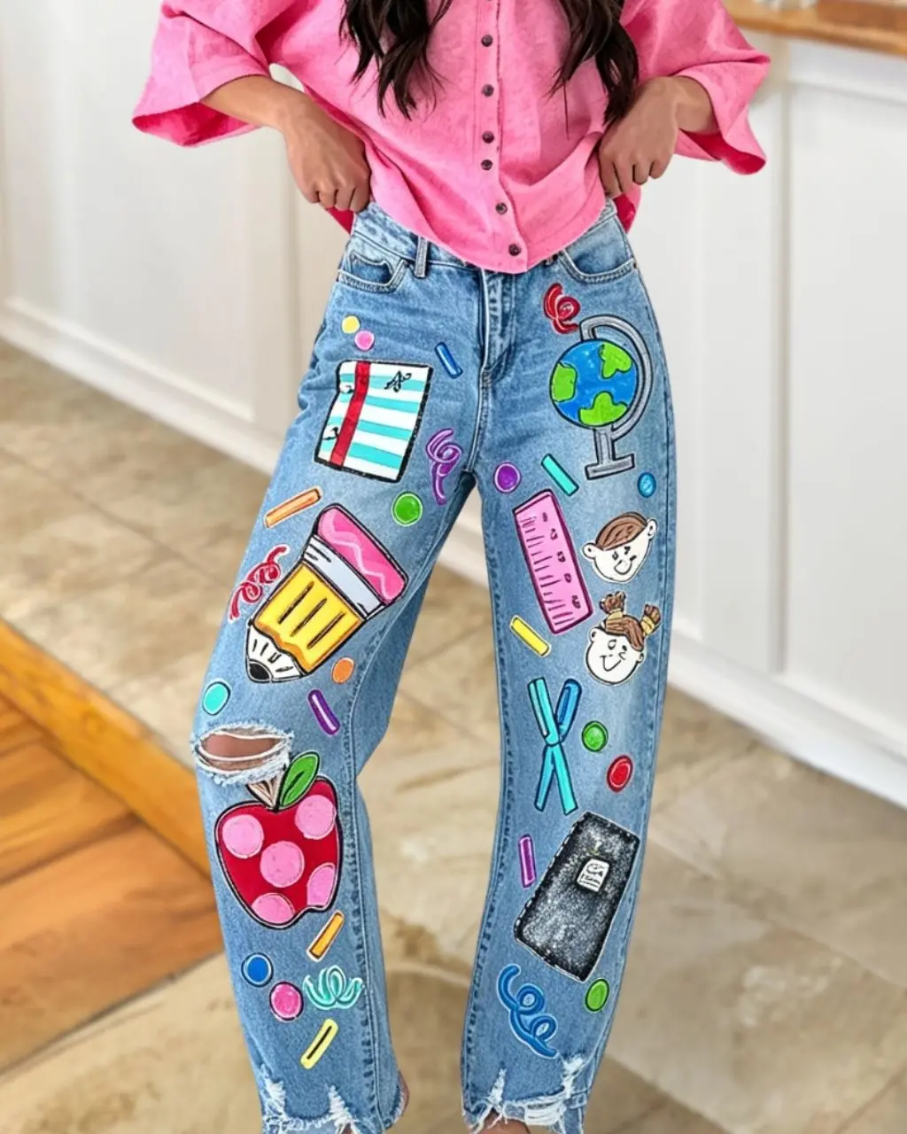 Therubyheart Women's Jeans, Printed School Supplies Style Teacher Campus Theme Loose Casual Ripped Pants