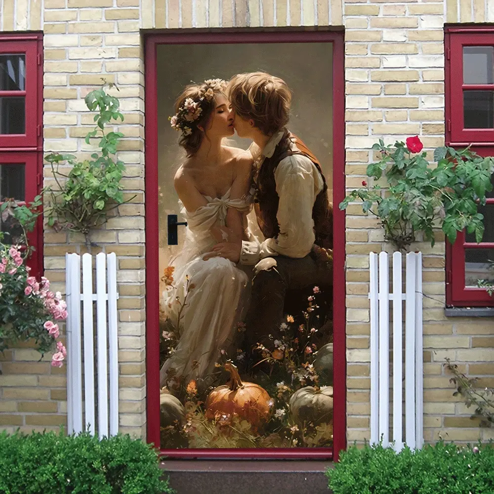 2pcs Romantic Wedding Couple Wall Sticker Bedroom Living Room Entrance Decoration Pumpkin Flower Scene Self Adhesive Removable Eco Friendly Home Decor Sticker