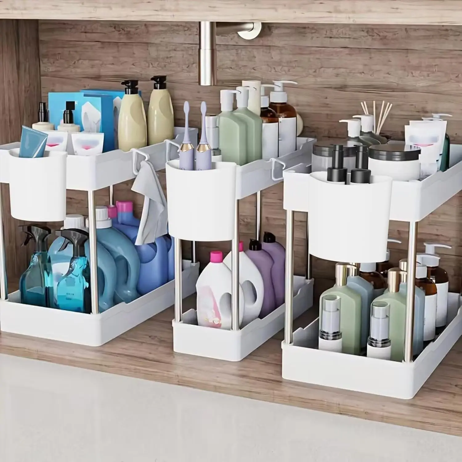 3 Pack under Sink Organizers and Storage, 2 Tier Bathroom Cabinet Organizer Shelf with Hanging Cups for Kitchen & Bathroom (White) JYSMYWS