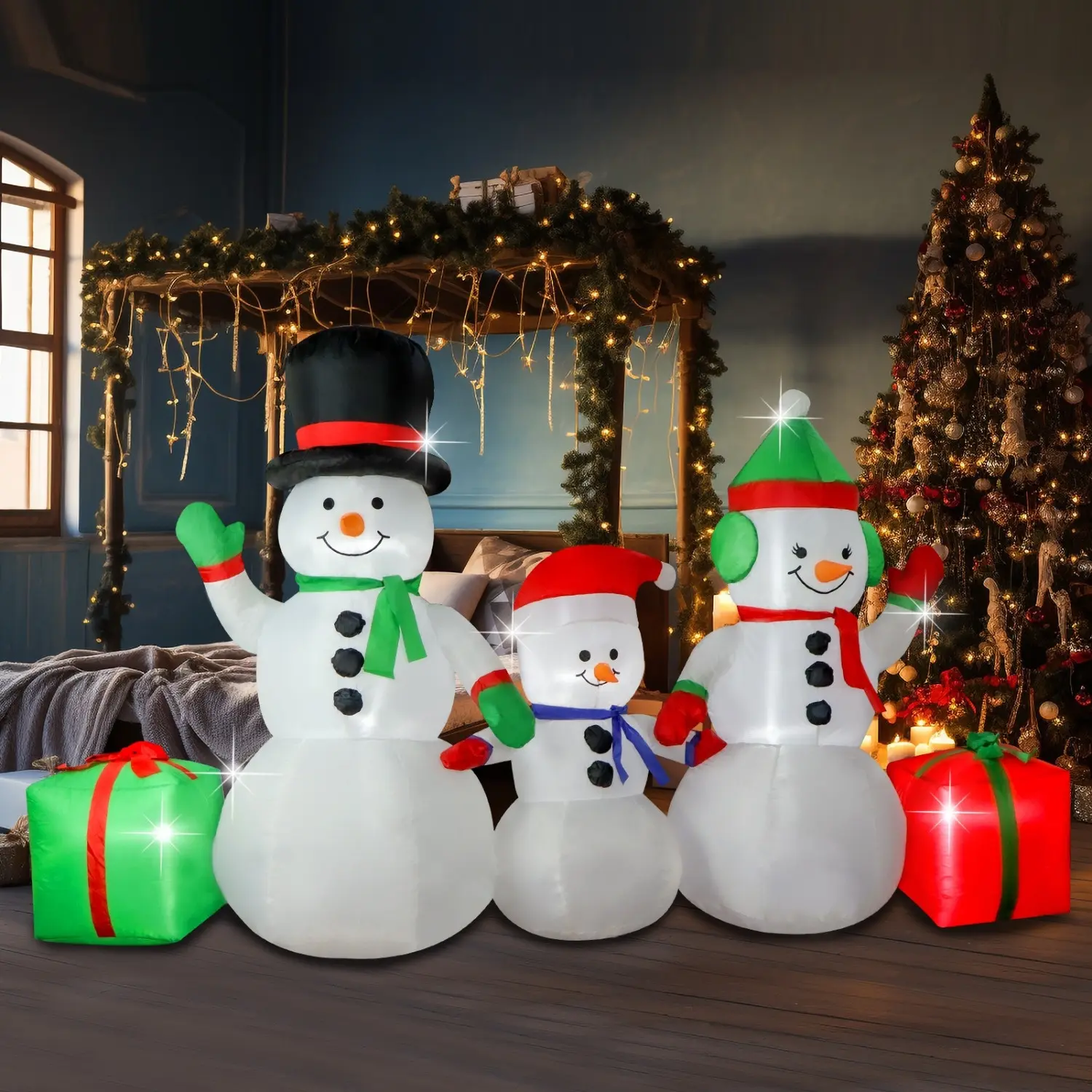 8FT Inflatable Snowman Family With Light Up Decorations For Christmas Holiday Indoor And Outdoor Yard Decor Led Lantern Colorful