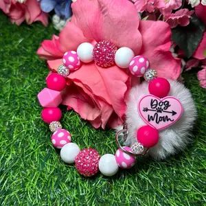 Hot dog mom wristlet keychain color scheme white, hot pink, polka dot print and bling made with wire