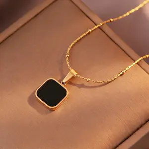 Titanium Steel Non-Fading Designer-Style Geometric Lucky Square Black Pendant Shell Bead Chain Bestie Necklace for Daily Wear