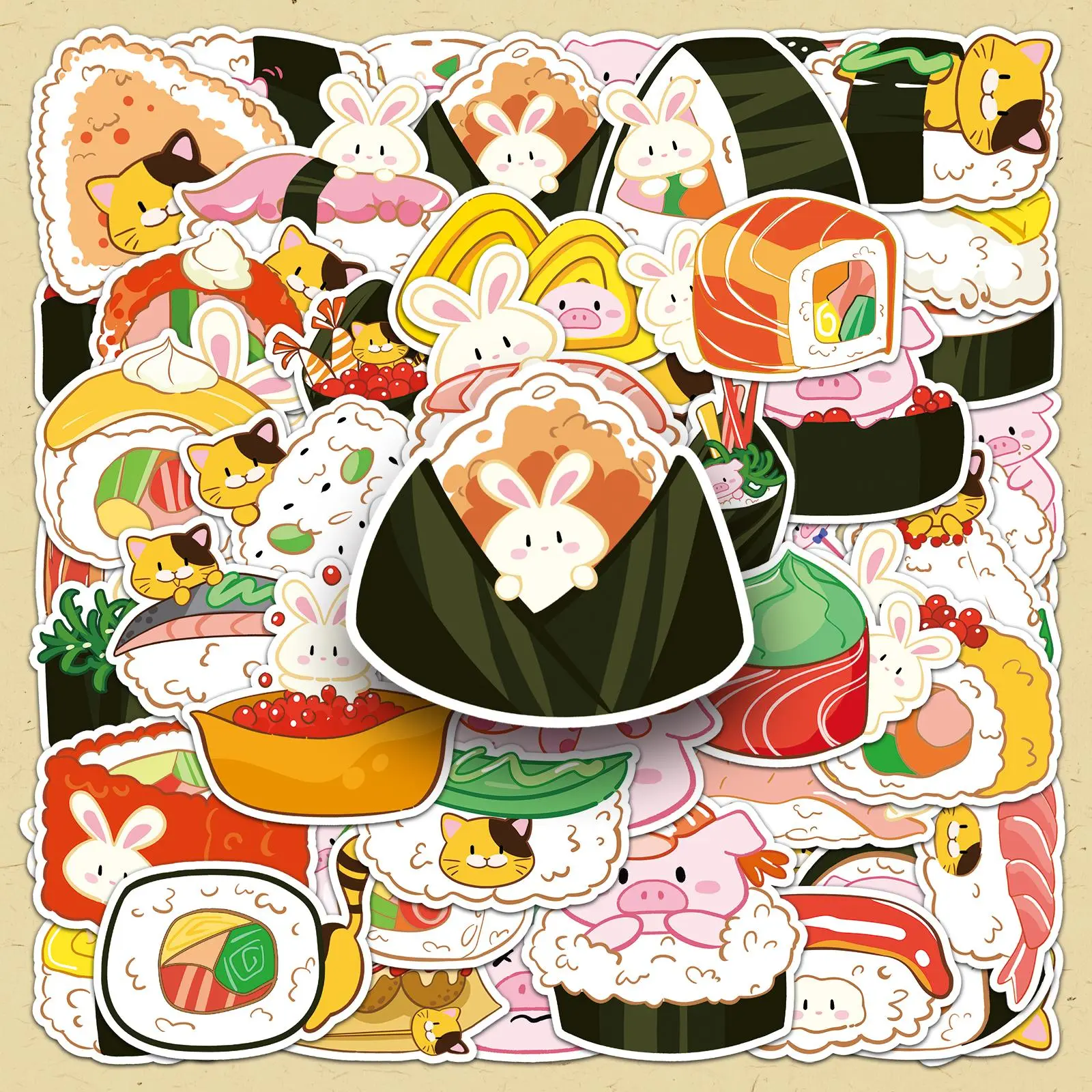 Cartoon Sushi Pattern Sticker, 100pcs/set Repeatable Creative DIY Decorative Sticker, DIY Decals for Water Bottle, Laptop, Phone Case, Scrapbooking