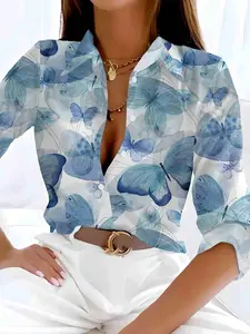 Women's Butterfly Print Shirt Blouse, Casual Fitted Long Sleeve Collared Top for Daily Wear, Ladies Clothes for All Seasons