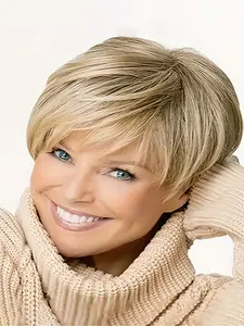 Women's Elegant Short Blonde Pixie Cut Wig with Bangs, Synthetic Heat Resistant Fiber, Daily Use, Rose Net Cap, Fashion Hair Accessory, Pixie Wigs