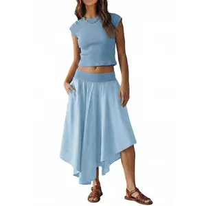 Tankaneo Womens 2 Piece Skirt Set Summer Casual Cap Sleeve Ribbed Crop Tops Midi Dress Vacation Outfits with Pockets
