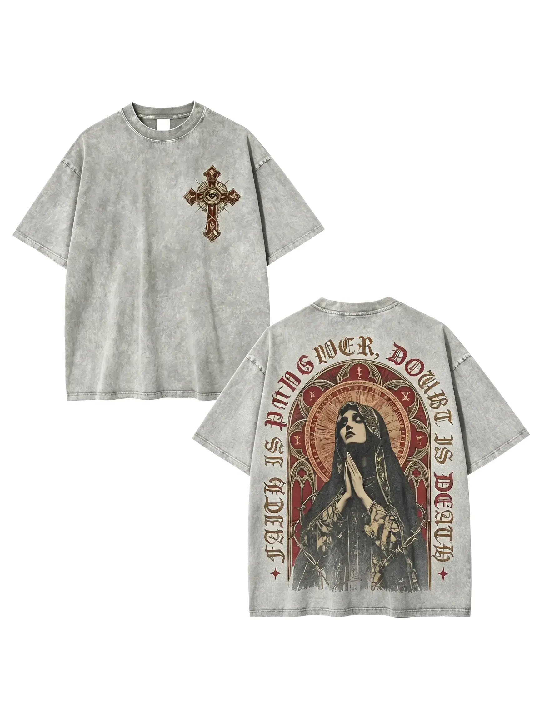 [BT] Virgin Mary Gothic Cross Washed T-Shirt, Religious Streetwear Shirt, Jesus Saving Faith Pattern T-Shirt, Christian Gothic Art Plus Unisex T-Shirt, Men's Vintage Washed T-Shirt, Large Size
