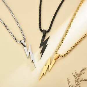 Unisex Artificial Gemstone Lightning Bolt Polygonal Pendant with Geometric Box Chain, Daily Wear Jewelry Accessory, Chains
