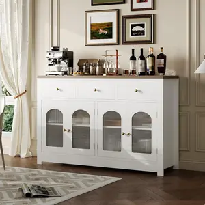 Large White Farmhouse Sideboard Buffets Cabinet with 4 Doors, 3 Drawers, Adjustable Shelves and Fluted Acrylic Doors