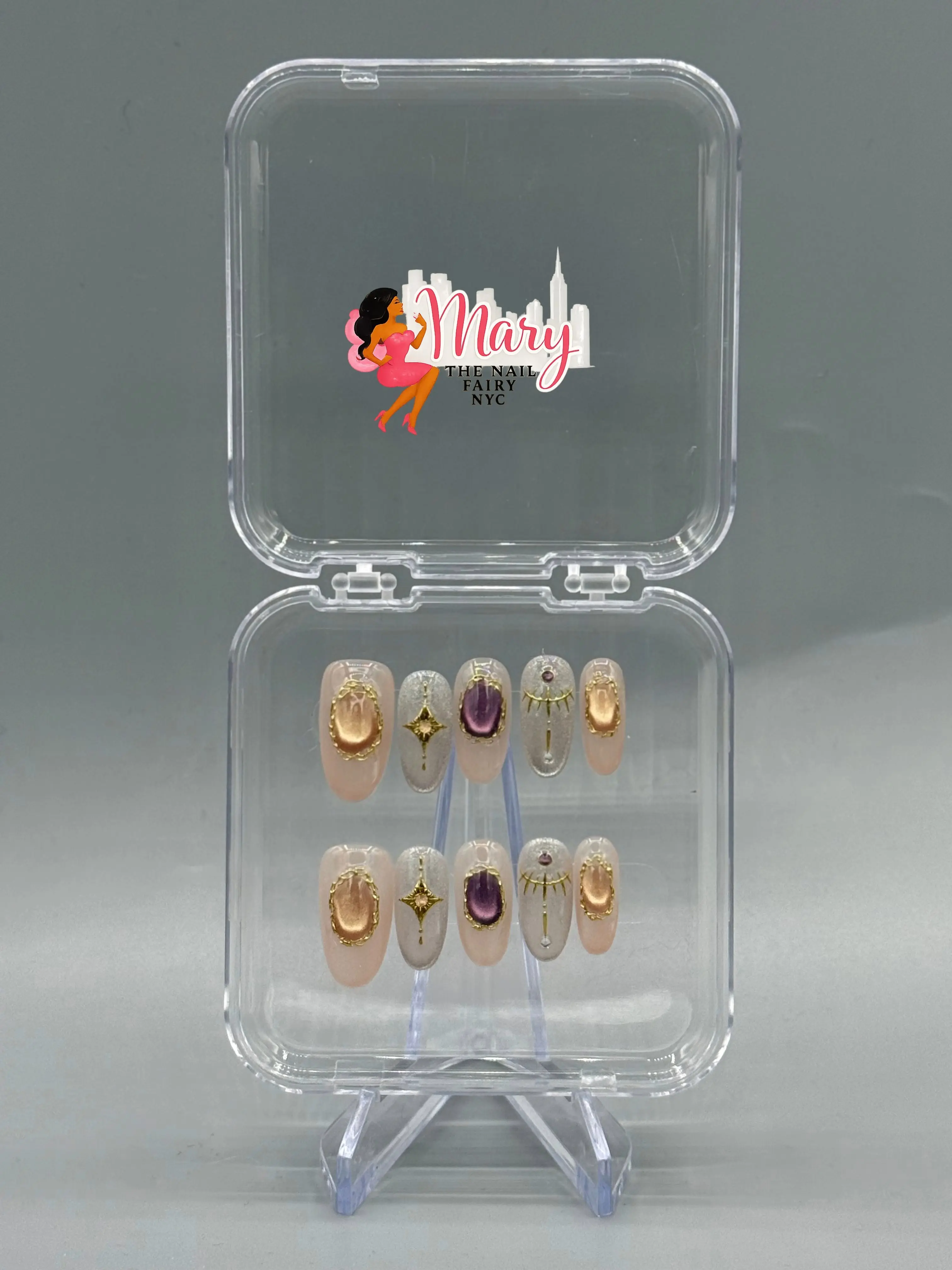Mary Salon Quality Amber Fairy Press-On Nails - 14-Day Hold, Damage-Free, DIY Manicure, Luxury Press-Ons, Coffin & Almond Shapes, Y2K Style, Velvet Finish