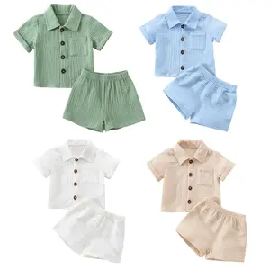 Baby boy clothing set, baby boy button-up shirt + cotton gauze shorts, summer set, 2 pieces with pockets GARMENTARY
