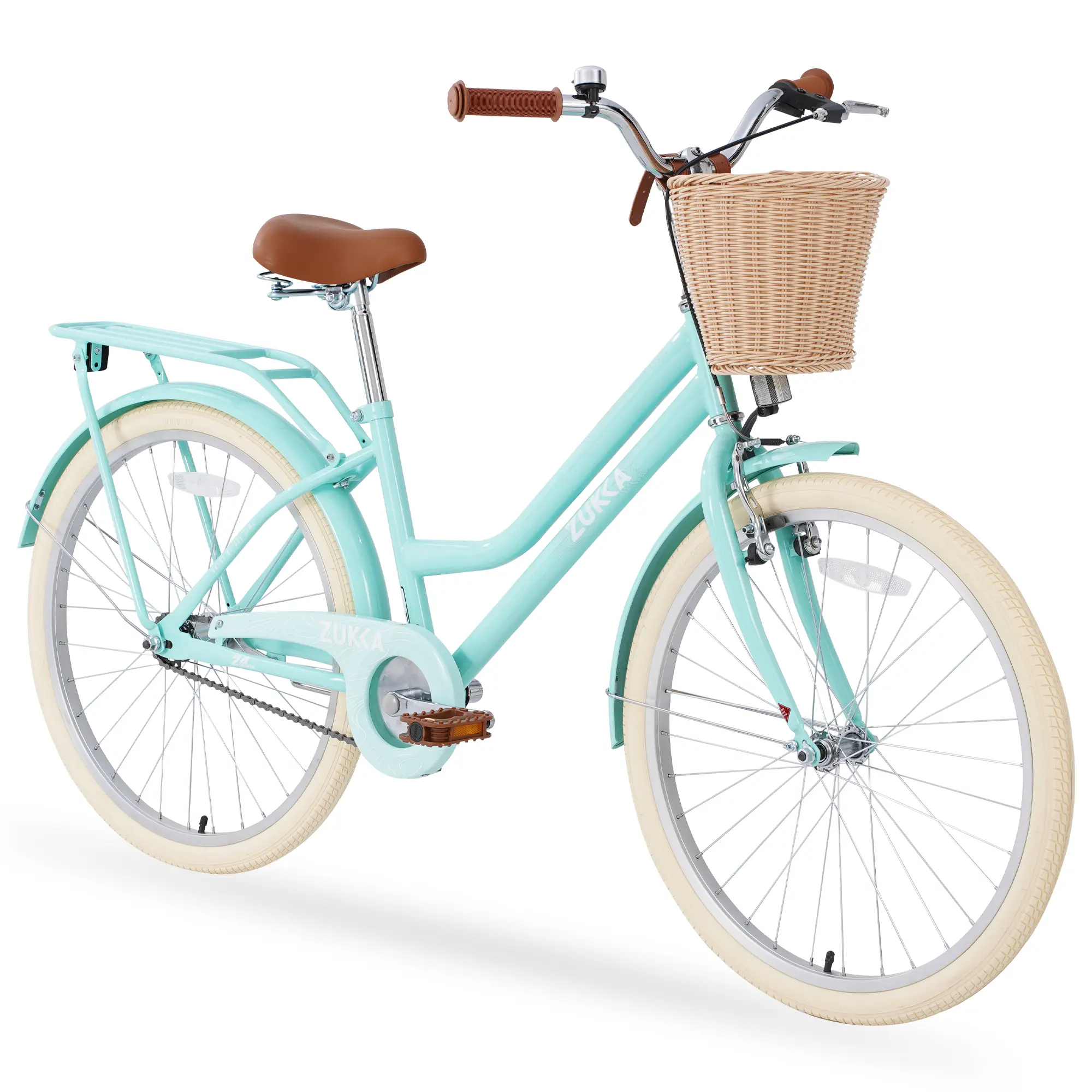 24" Single-Speed Cruiser Bike with Brown Leather Saddle & Basket - Front V-Brake Rear Coaster Brake Full Chain Guard