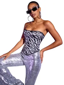 Heart Zebra Sequin Corset Top, Sparkling Strapless Halter Top, Party Nightclub Festival, Side Zipper Bodysuit