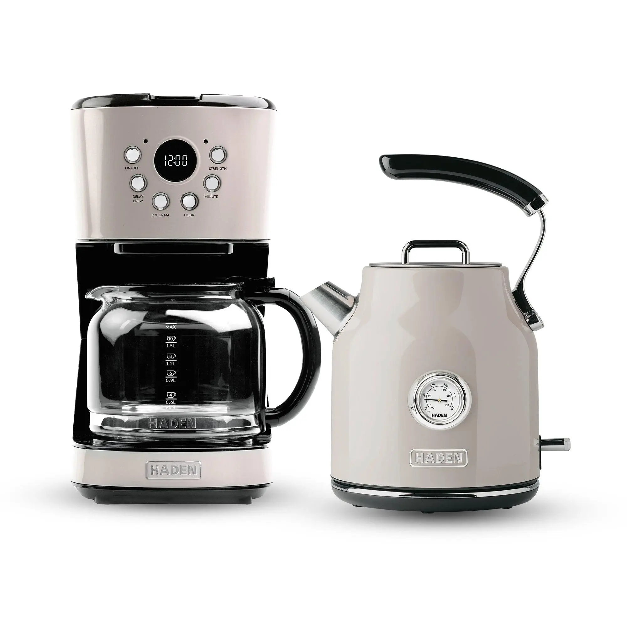 Haden 12 Cup Coffee Maker & Dorset 1.7L Electric Water Kettle, Putty & Chrome