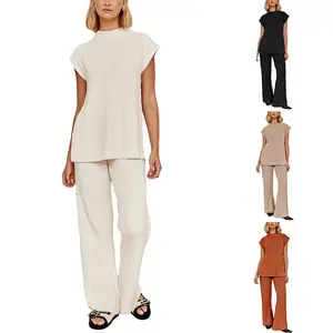 SCUSTY Womens 2 Piece Outfits Sweater Set Sleeveless Side Slit Pullover Top Knit Wide Leg Pants Lounge Matching Sets