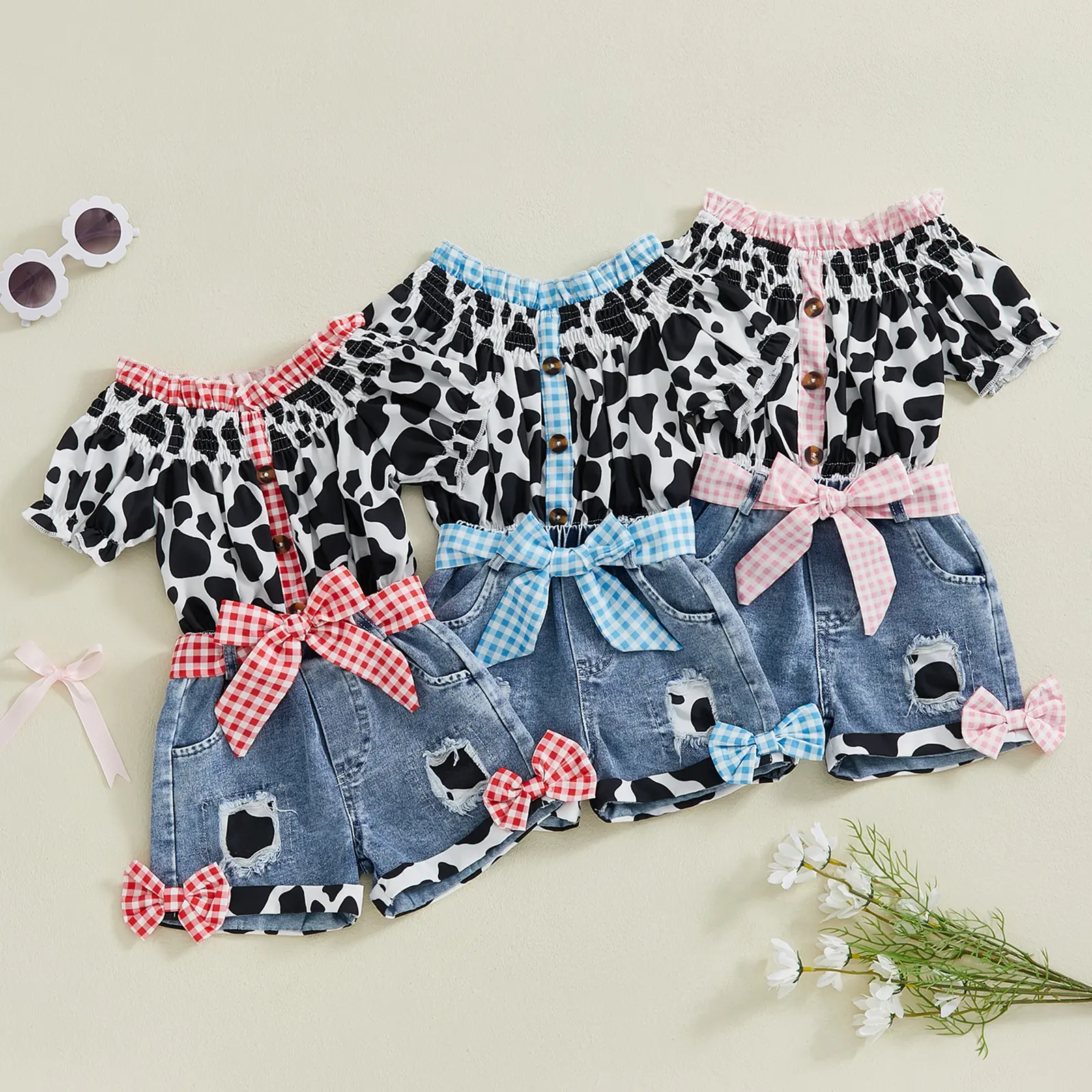 Western Toddler Baby Girl Summer Clothes 12M 18M 24M 2T 3T 4T 5T Cow Print Shirt Off Shoulder Smocked Top and Jeans Shorts Cowgirl Outfits