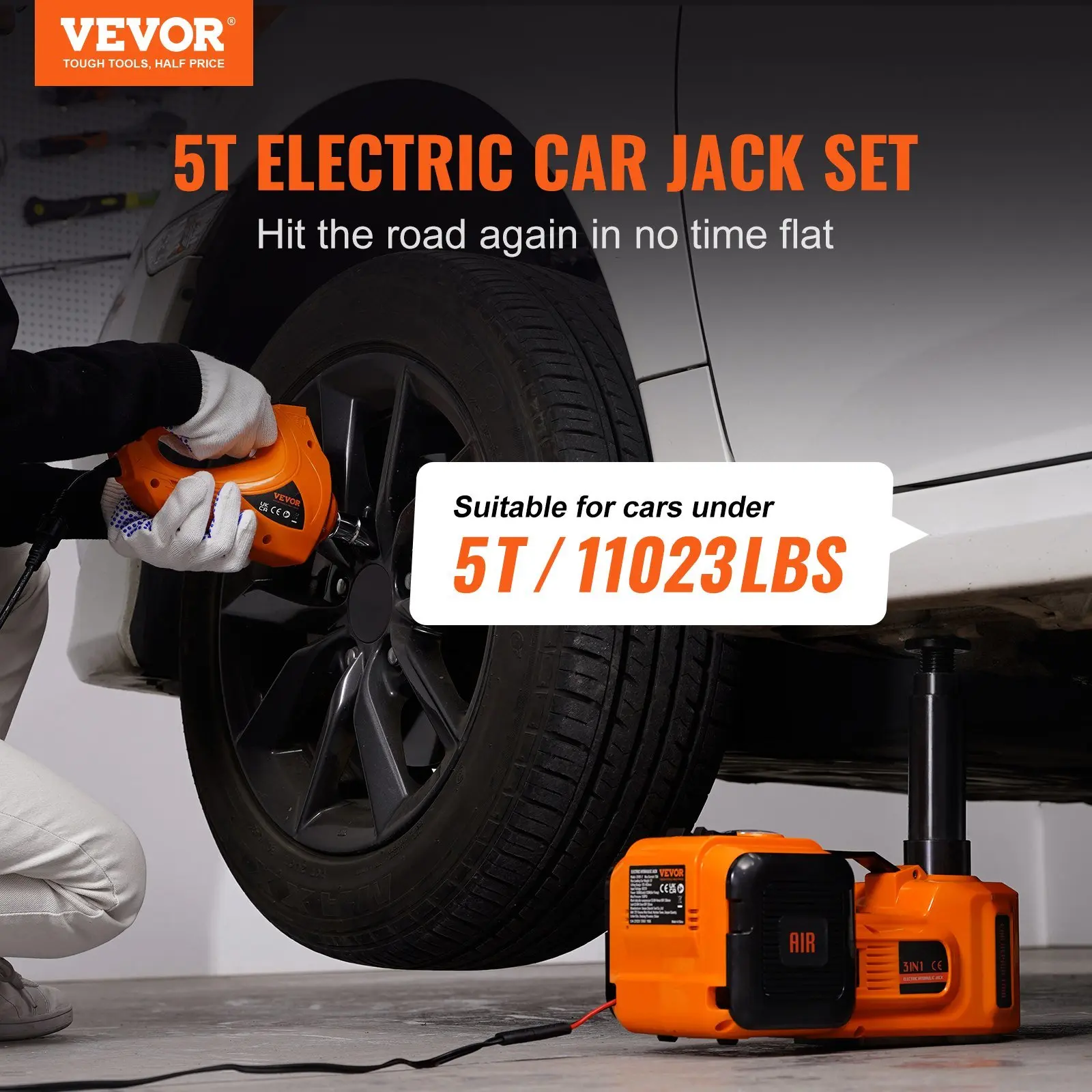 VEVOR Electric Car Jack – 5 Ton Hydraulic Lift with Electric Impact Wrench, Built-in Inflatable Pump, and LED Light for SUVs, Sedans, Trucks, and More. Perfect for Tire Changes and Garage Repairs!