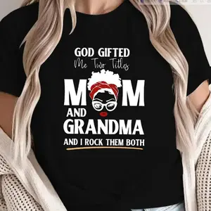 Women'S Casual Crew Neck T-Shirt with "God Gifted Me Two Titles Mom and Grandma" Letter Print, 100% Polyester Knit Fabric, Short Sleeve Top for All Seasons - 180gsm Printed Womenswear