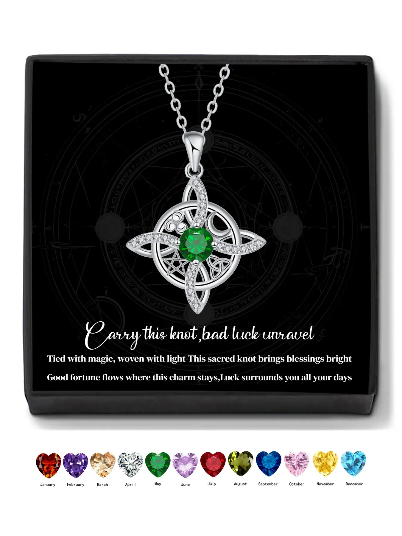 Witches Knot CZ Birthstone Hecate Triple Moon Boho Style Necklace With Blessed Message Card, Pagan Magic Wiccan Goddess Lilith Jewelry Amulet Gifts for Women Wife Mom
