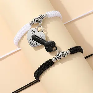 2pcs Creative Personality Alloy Love Key Lock Magnetic Buckle Attracting Braided Couple Bracelet Set