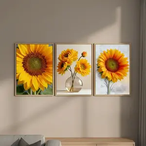 3-Count Wooden Framed Canvas Warm Sunflower Decor Poster, Beautiful Modern Art for Living Room & Bedroom, Waterproof Wall Art, Modern Art Design