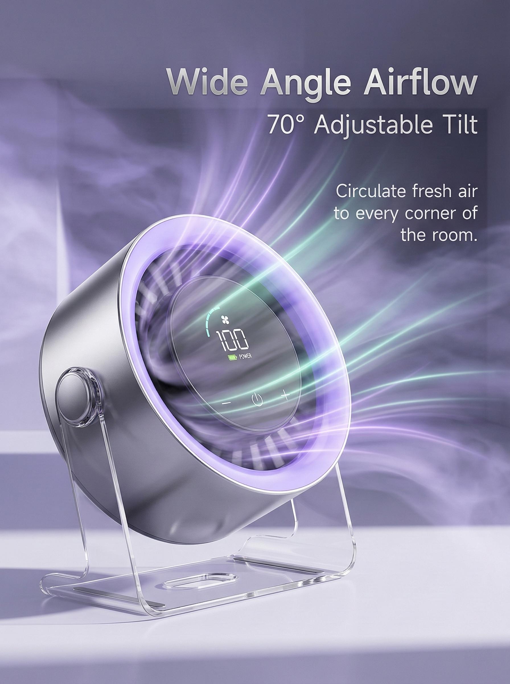 Desktop Fan Turbo Table Fan Travel Vacation Essentials for Office 100-Speed Digital Display Low Noise Rechargeable Battery Dual Adjustment Modes Quiet Cooling Quiet Desk Fan Portable, Purple