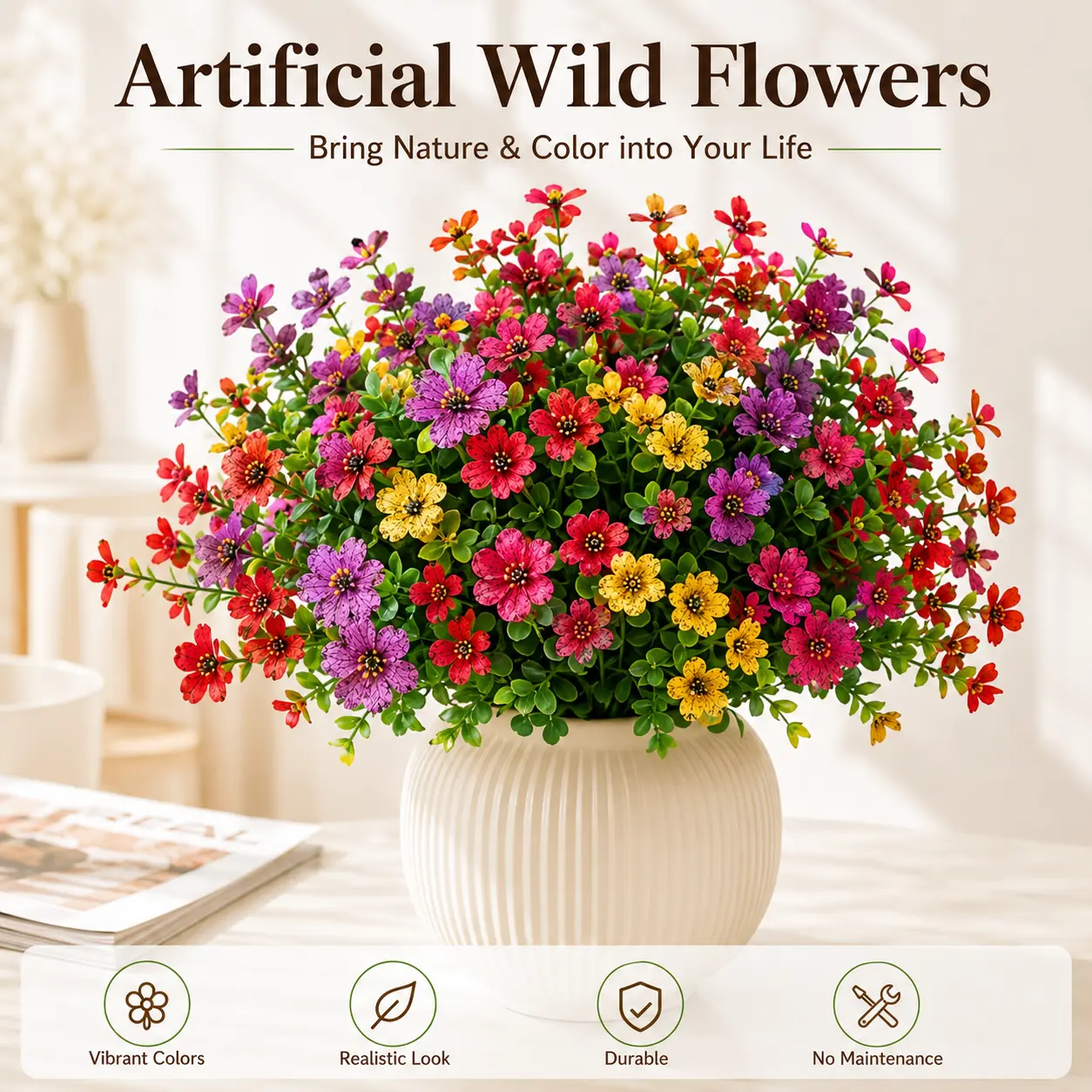 Redbod UV-Resistant Multicolor Artificial Flower Decorations Bouquet, 4/12/24 Pcs per Set - 12pcs/set Option Included, for Home Garden Wedding Decor, Multicolor - 12Pcs/Set