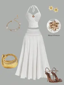 Women's 2 Piece Set Plain Fashion Sexy Vacation Style Halter Top with Metal Flower Decor + Waist Pleated A-Line Long Skirt, Womenswear