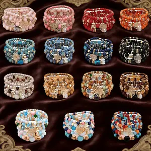Bohemian Beaded Bracelets for Women, 24-Piece Stackable Set with Colorful Heart Charms, Handmade Elastic Jewelry for Summer Beach, Bracelet