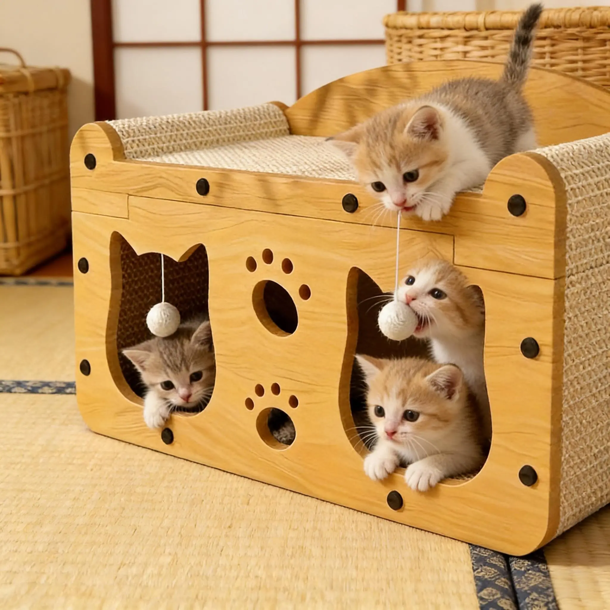 Two-In-One Cat Scratching Post & Bed, Durable Paperboard, Hanging Toy, Fun Game House, & Wood Color, All-Season Comfort, Kittens
