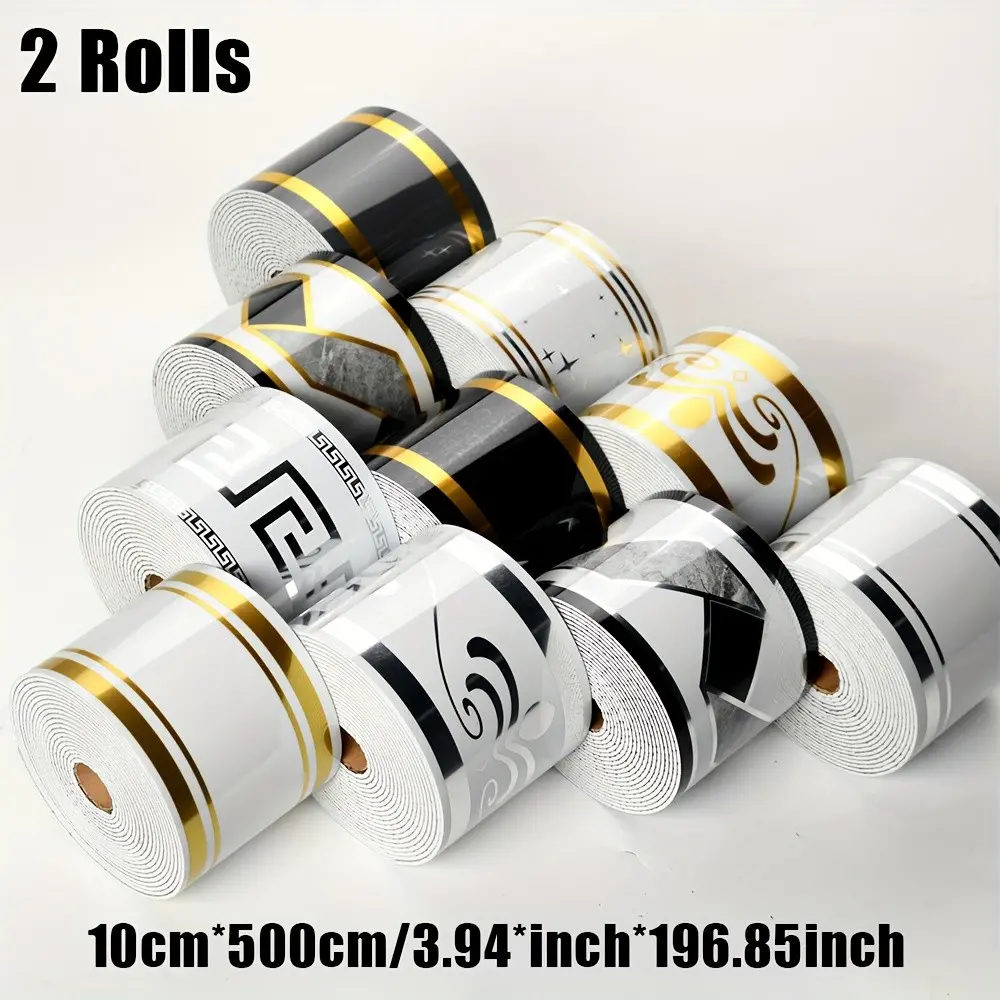 Two Rolls Decorative Wall Stickers, 10.01cm X 5m, European Marble Tile Design, Self-Adhesive PVC, Easy Peel and Stick, Removable Baseboard Decoration, PVC Wallpaper