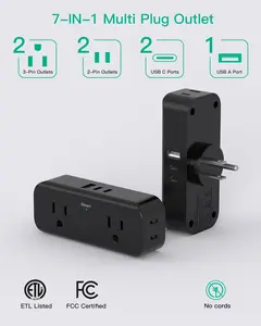 Black Outlet Extender – 4 Outlets + 1 USB-A & 2 USB-C Wall Charger, Multi Plug Splitter for Cruise Ship/Travel/Home/Office/Dorm