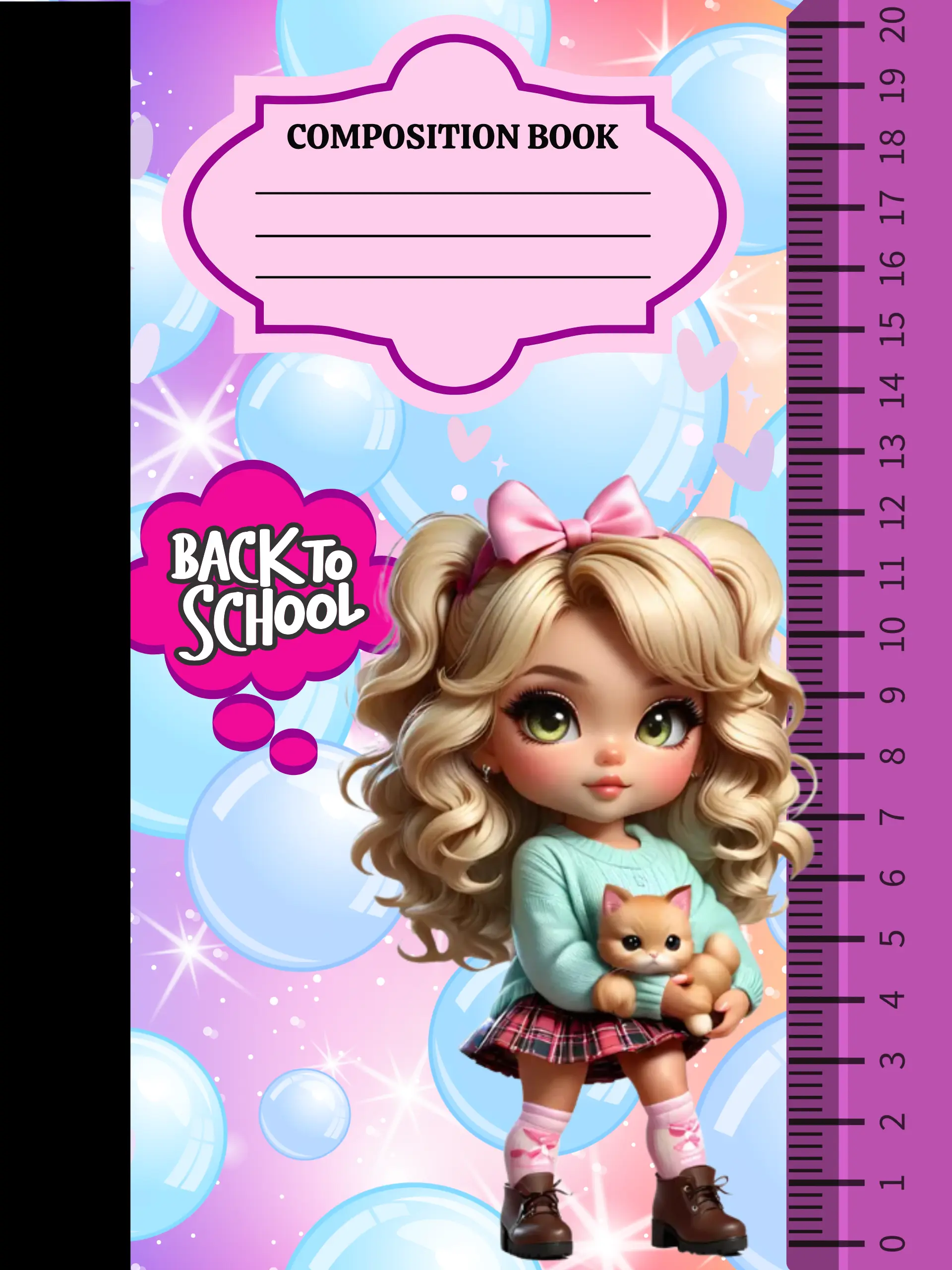 Back to School Composition Notebook with Cute Girl and Cat Design & Ruler Illustration for Kids' Writing Needs